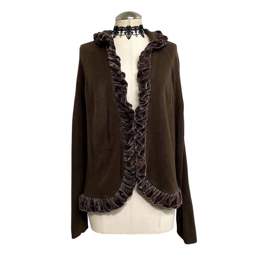 Y2K Cato Velvet Ruffle Coquette Cottage Core Cozy Brown Knit Women's Cardigan 14